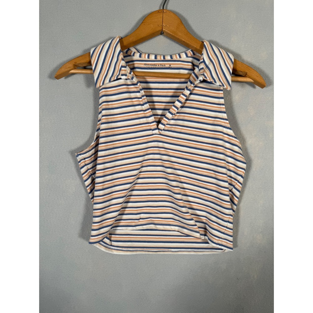 Abercrombie & Fitch Striped Sleeveless Polo Crop Top Blue Orange Medium